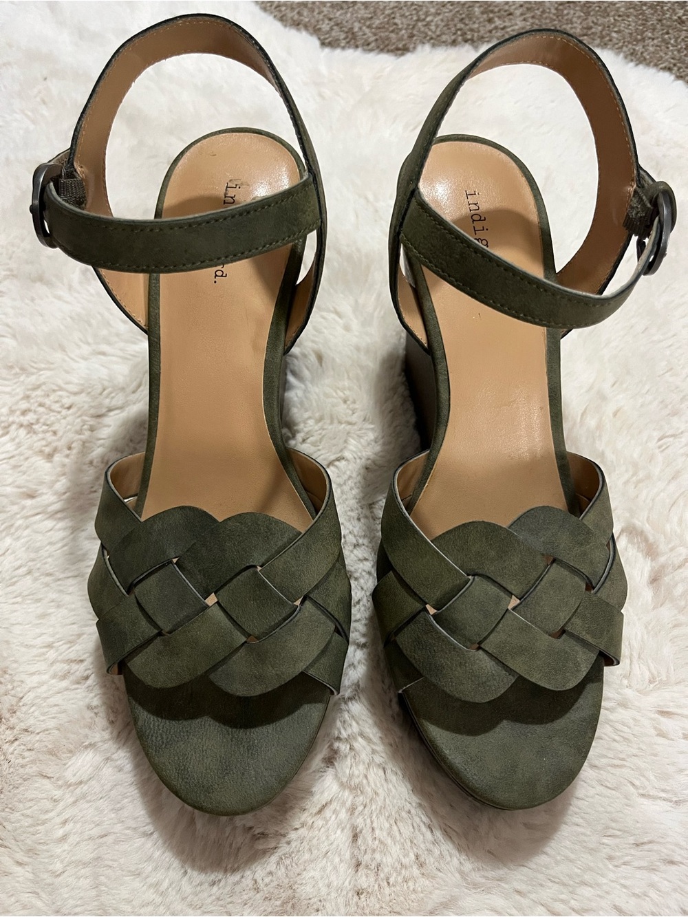 Indigo Olive Green Braided Ankle-Strap Heels